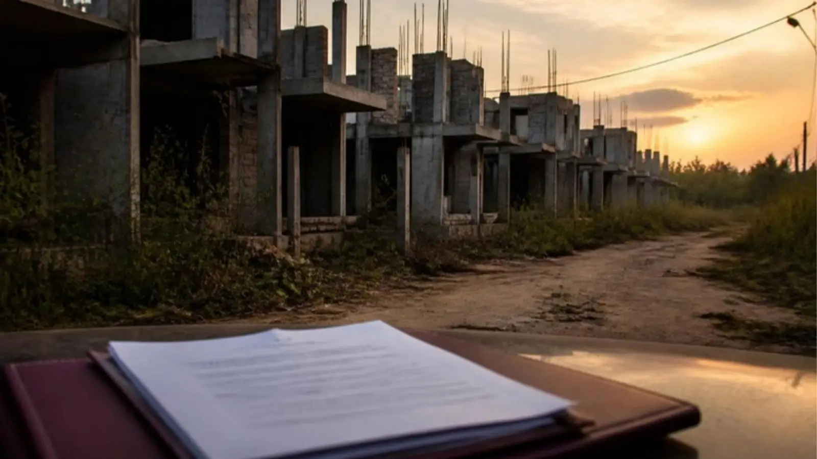 Perumahan yang belum selesai dibangun setelah developer pailit, dengan salinan PPJB pembeli di atas map dokumen