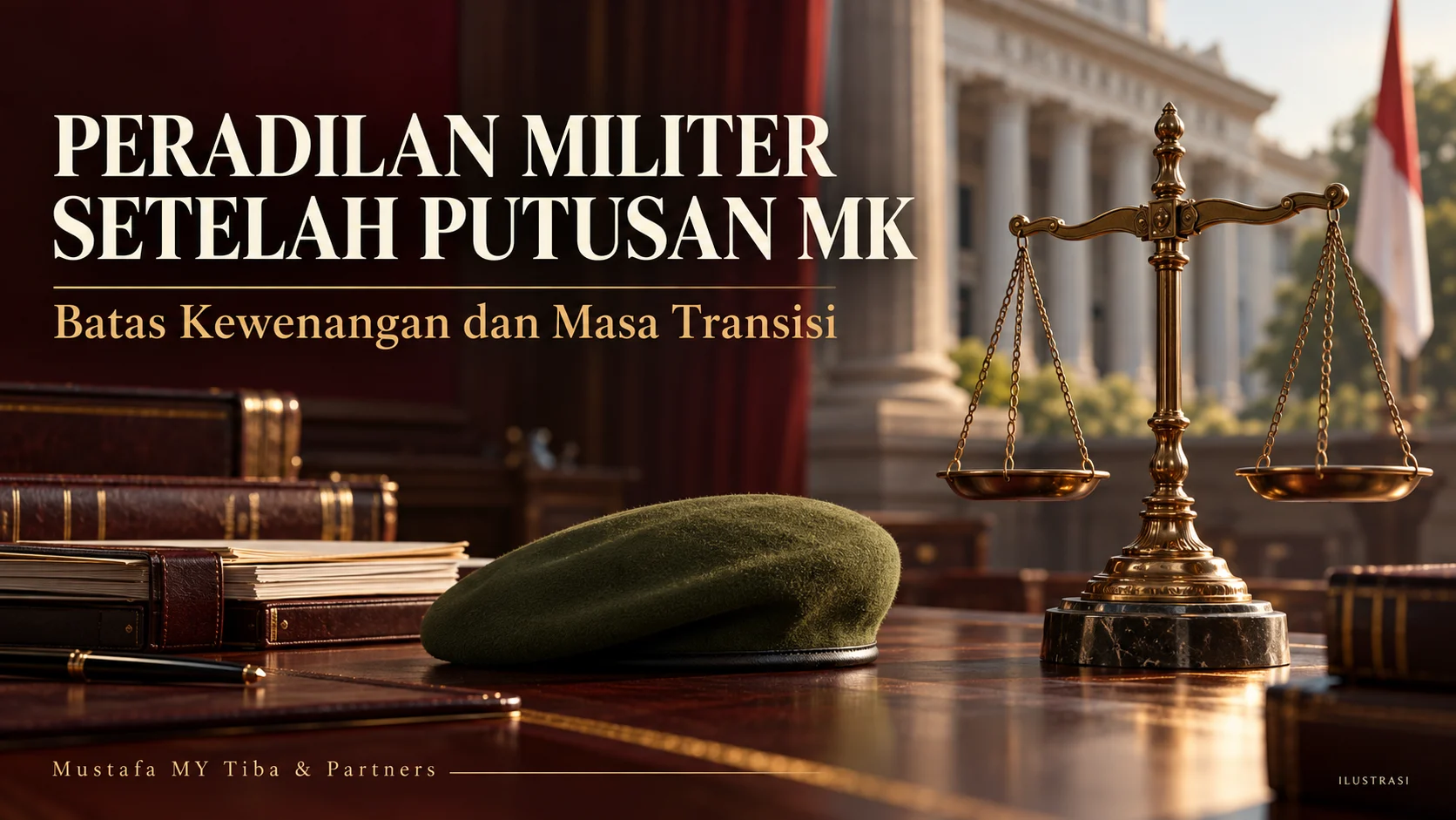 Ilustrasi timbangan keadilan dan baret militer dengan judul Peradilan Militer Setelah Putusan MK.